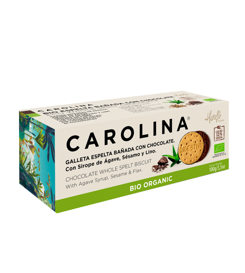 Galleta Bio Digestive Espelta Integral Bañada con Chocolate, Sirope de Ágave, Semillas de Sésamo y Lino Carolina
